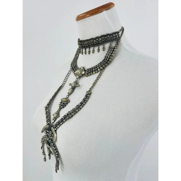 Free People Multilayered Antiqued Silver & Rhinestone Necklace - Picture 15 of 16